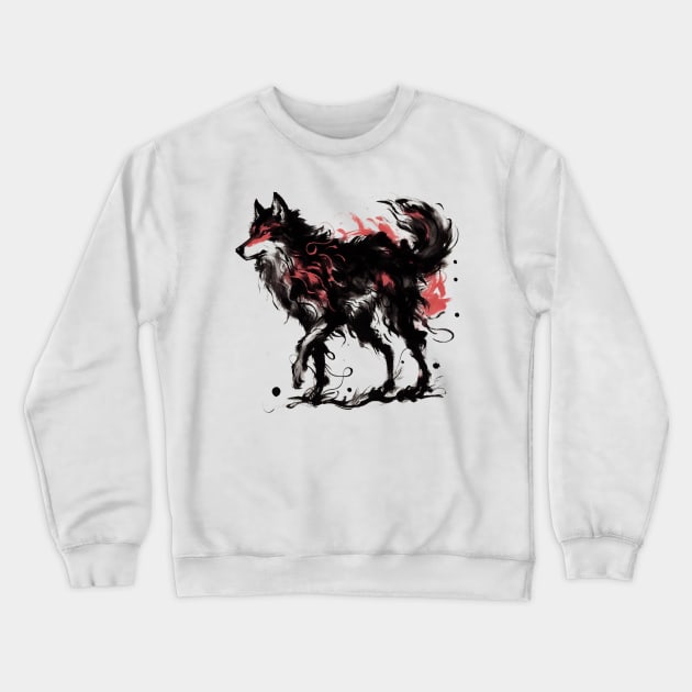 Chinese Style Ink Wolf Crewneck Sweatshirt by T-Shirt Paradise